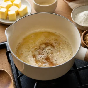 Butter browning in a light saucepan until foamy and nutty.