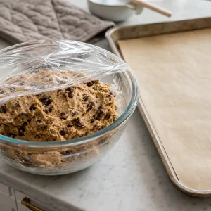 Chilled chocolate chip cookie dough beside a parchment-lined baking sheet.