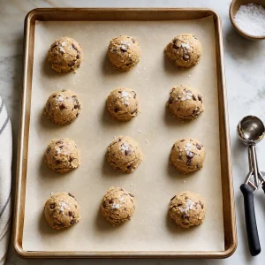 Cookie dough balls spaced on parchment and topped with flaky sea salt.