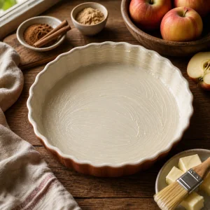 Empty buttered baking dish ready for apple dessert layers