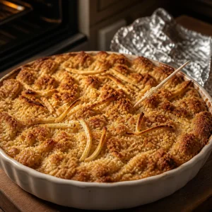 Golden baked apple dessert checked with a toothpick
