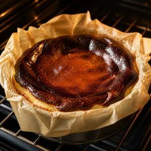 Cheesecake basco assando com topo escuro caramelizado