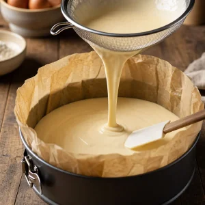 Massa de cheesecake coada para forma forrada com papel