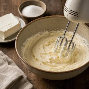 Cream cheese e acucar batidos ate ficarem lisos na tigela
