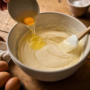 Ovo adicionado a massa sedosa de cheesecake na tigela