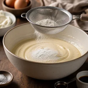 Farinha peneirada sobre massa lisa de cheesecake com baunilha