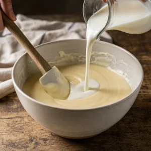 Creme de leite vertido em massa brilhante de cheesecake