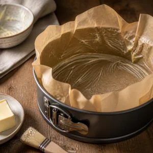 Forma de aro forrada com papel pronta para a massa de cheesecake