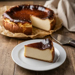 Fatia de cheesecake basco servida em prato branco
