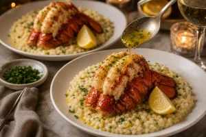 In Butter pochierter Hummerschwanz auf Zitronen Kraeuter Risotto