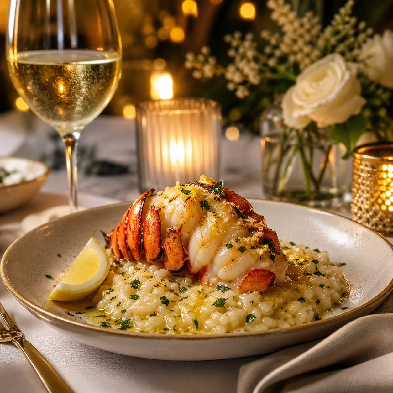 In Butter gepoachter Hummer mit Zitronen-Kräuter-Risotto