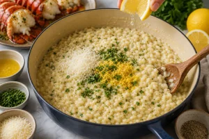 Zitronenabrieb, Parmesan und Petersilie werden ins Risotto geruehrt