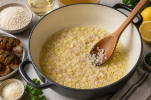 Schalotten und Knoblauch duensten in geschmolzener Butter