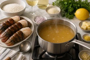 Warmer Fischfond koechelt in einem kleinen Topf