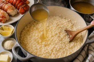 Warmer Fond wird in cremiges Risotto gegeben