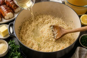 Weisswein wird zum Risotto Reis gegossen