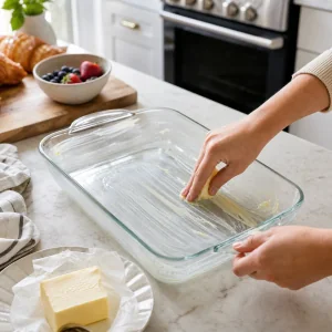 Greasing a glass baking dish with butter for croissant French toast bake.