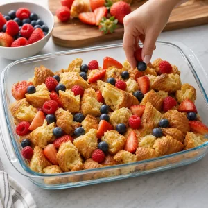 Torn croissant pieces and fresh berries arranged in a baking dish.