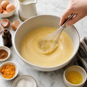 Whisking eggs, cream, milk, vanilla, cinnamon, and orange zest into custard.