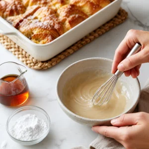 Whisking powdered sugar and maple syrup into a smooth maple glaze.