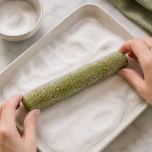 Cilindro freddo di impasto al matcha rotolato nello zucchero