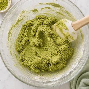 Impasto verde compatto di shortbread al matcha nella ciotola