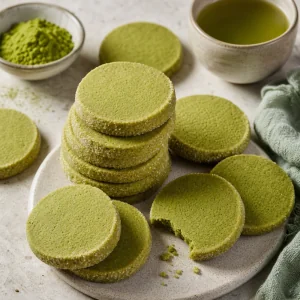 Finished buttery matcha green tea shortbread cookies with sugar edges