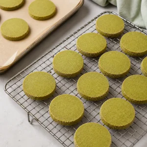 Biscotti shortbread al matcha finiti a raffreddare su una griglia