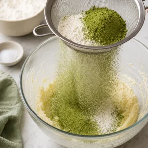 Farina polvere di matcha e sale setacciati nel composto di burro