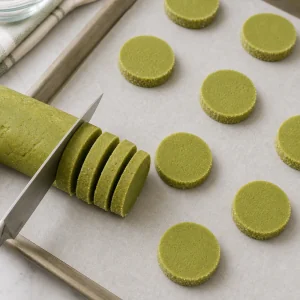 Cilindro di impasto al matcha tagliato a rondelle sulla teglia