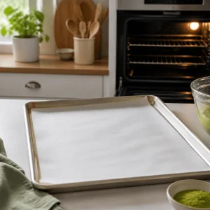 Teglia rivestita di carta forno pronta per i biscotti al matcha