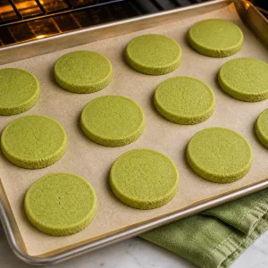 Dischi verdi di shortbread al matcha cotti con bordi stabili