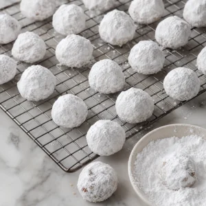 Cooled pecan snowball cookies on a wire rack with a second thick powdered sugar coating
