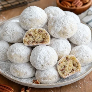 Finished buttery pecan snowball cookies coated in vanilla powdered sugar with toasted pecans inside