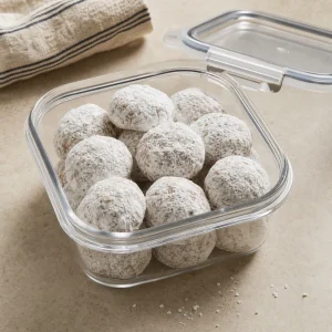 Finished pecan snowball cookies stored in a clear airtight container