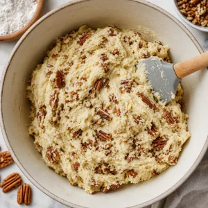 Flour mixture and chopped toasted pecans folded into buttery cookie dough