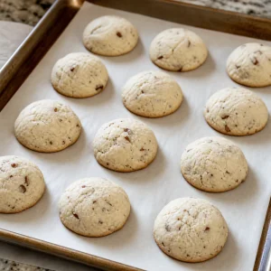 Pale baked pecan snowball cookies set on the baking sheet without browning