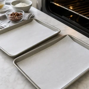 Parchment lined baking sheets ready for pecan snowball cookie dough