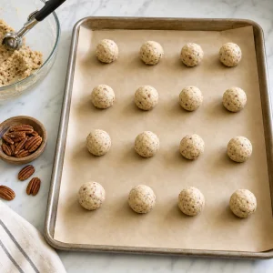 Pecan cookie dough rolled into small balls and spaced on a parchment lined baking sheet