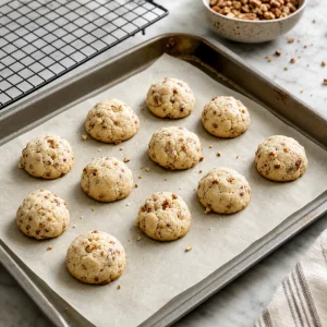 Warm baked pecan cookies cooling briefly on the parchment lined baking sheet