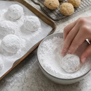 Warm pecan snowball cookies rolled generously in powdered sugar