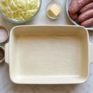 Buttered baking dish ready for layering