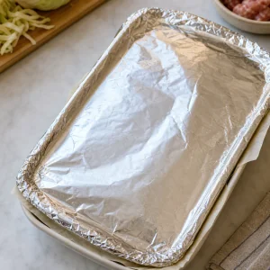 Casserole dish covered with parchment and foil