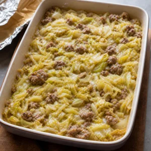 Cooked cabbage and sausage after covered baking