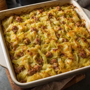 Final baked casserole with a lightly browned top