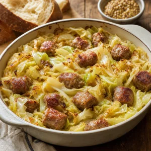 Finished cabbage and sausage casserole with bread and mustard