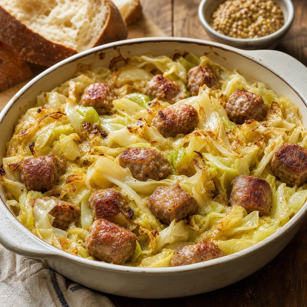 Finished cabbage and sausage casserole with bread and mustard