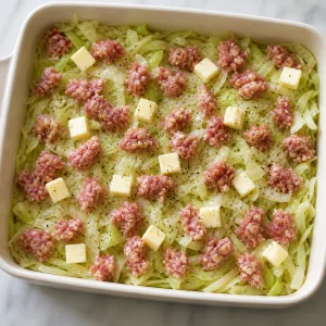 First cabbage layer topped with sausage pieces and butter