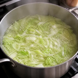 Shredded cabbage blanching in boiling water