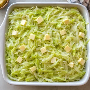 Unbaked casserole topped with cabbage and butter